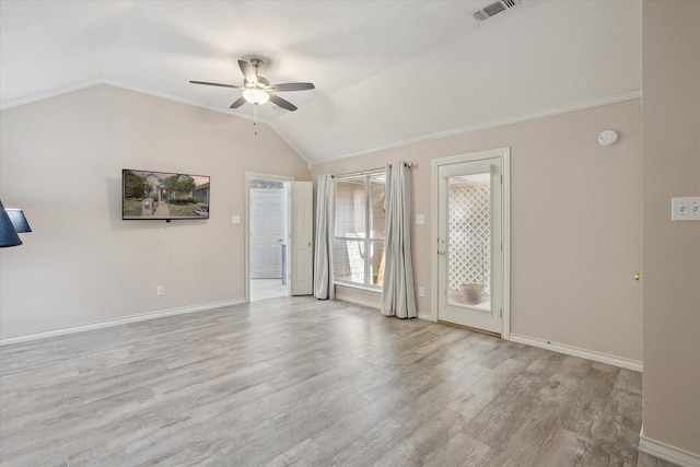 8508 Landing Way Ct, Fort Worth, TX 76179 - empty room with lofted ceiling, ceiling fan, baseboards, and light wood-style floors