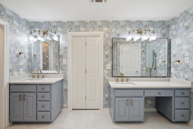 8508 Landing Way Ct, Fort Worth, TX 76179 - full bathroom featuring wallpapered walls, two vanities, and a closet