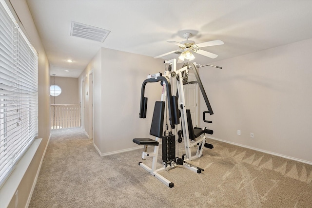8508 Landing Way Ct, Fort Worth, TX 76179 - exercise room featuring carpet floors, ceiling fan, and baseboards