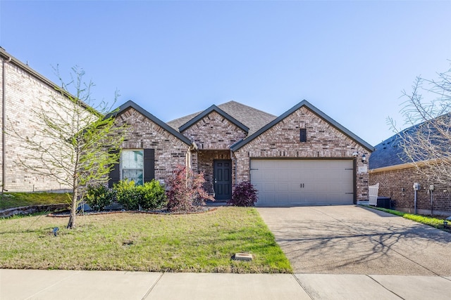 view of front of house with a garage, concrete driveway, a front lawn, and brick siding