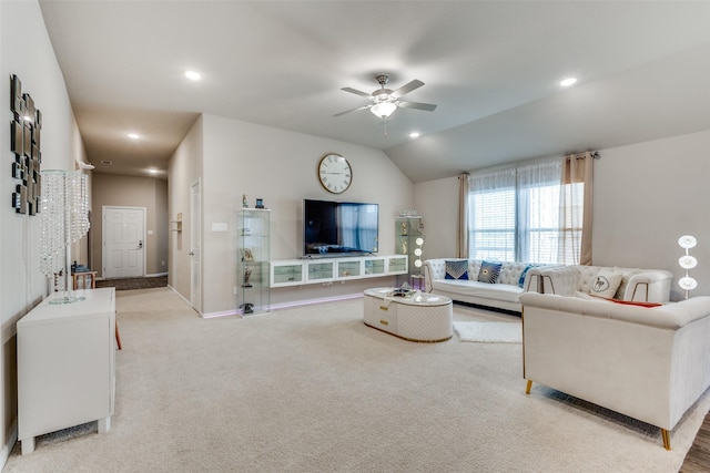 living area with baseboards, light carpet, recessed lighting, a ceiling fan, and lofted ceiling