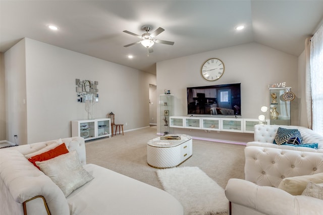living area featuring a ceiling fan, carpet flooring, recessed lighting, and lofted ceiling