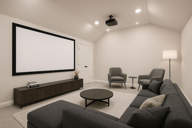 4418 Capstone Rd, Midlothian, TX 76065 - cinema room with vaulted ceiling, light colored carpet, baseboards, and recessed lighting