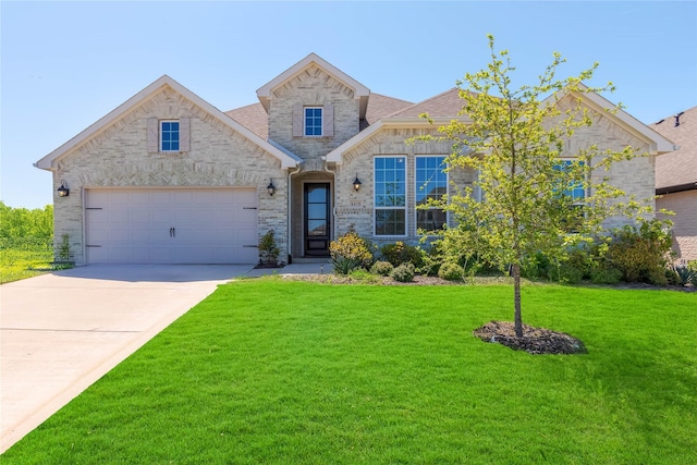 view of front facade featuring stone siding, concrete driveway, and a front lawn