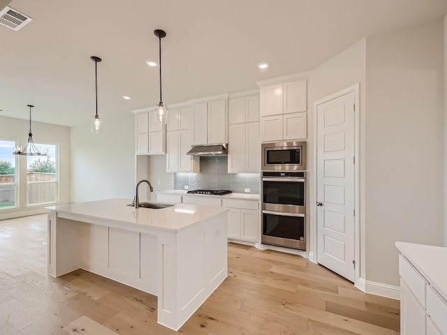 4418 Capstone Rd, Midlothian, TX 76065 - kitchen with a sink, appliances with stainless steel finishes, backsplash, under cabinet range hood, and light wood-style flooring