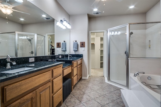 12215 Lake Forest Dr, Azle, TX 76020 - full bath featuring ceiling fan, a shower stall, double vanity, and a bath