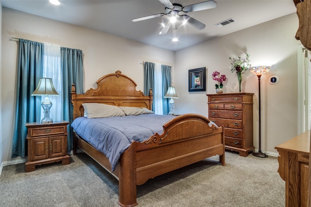 12215 Lake Forest Dr, Azle, TX 76020 - bedroom with light colored carpet, baseboards, a ceiling fan, and recessed lighting