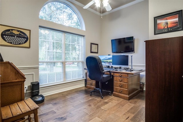 12215 Lake Forest Dr, Azle, TX 76020 - office space with ornamental molding, ceiling fan, and wood finished floors