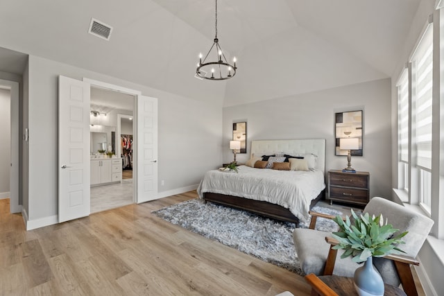 4120 Sandhills Ln, Prosper, TX 75078 - bedroom with a chandelier, light wood-type flooring, baseboards, and high vaulted ceiling