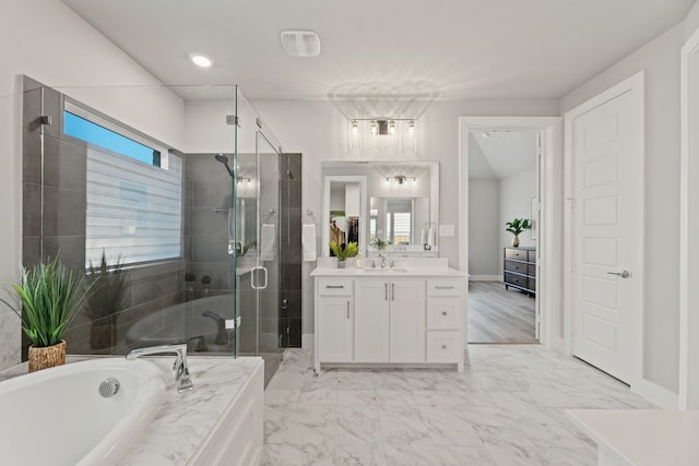 4120 Sandhills Ln, Prosper, TX 75078 - bathroom with a shower stall, vanity, a tub to relax in, and marble finish flooring