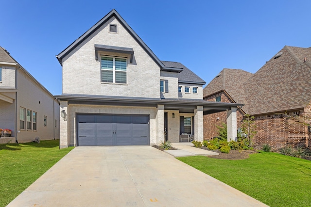 4120 Sandhills Ln, Prosper, TX 75078 - view of front of house featuring brick siding, a garage, a front yard, and concrete driveway