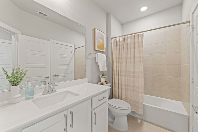 4120 Sandhills Ln, Prosper, TX 75078 - bathroom featuring tile patterned floors, toilet, vanity, shower / bath combination with curtain, and recessed lighting