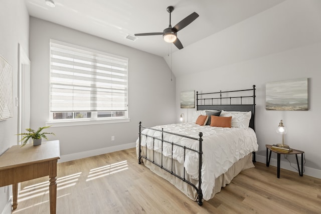 4120 Sandhills Ln, Prosper, TX 75078 - bedroom featuring light wood finished floors, baseboards, lofted ceiling, and a ceiling fan
