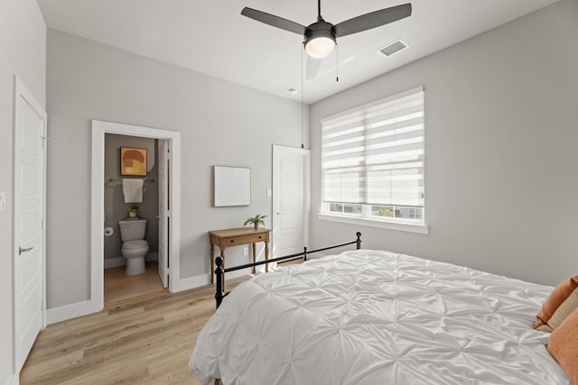 4120 Sandhills Ln, Prosper, TX 75078 - bedroom featuring light wood-style flooring, baseboards, connected bathroom, and ceiling fan