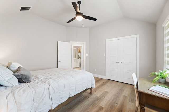 4120 Sandhills Ln, Prosper, TX 75078 - bedroom with lofted ceiling, light wood finished floors, a closet, and a ceiling fan