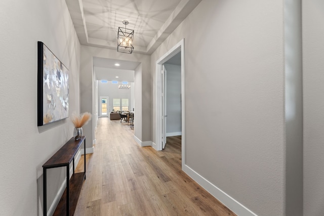 4120 Sandhills Ln, Prosper, TX 75078 - corridor with a chandelier, light wood-style floors, baseboards, and recessed lighting