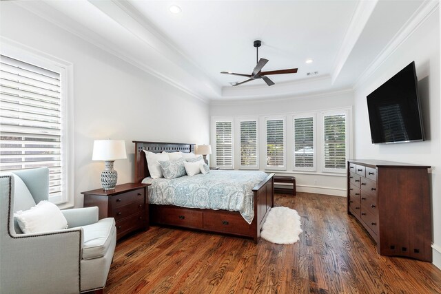 6405 Carmel Falls Ct, Mckinney, TX 75072 - bedroom featuring crown molding, recessed lighting, a tray ceiling, and dark wood finished floors