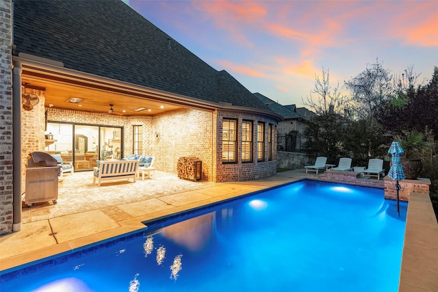 6405 Carmel Falls Ct, Mckinney, TX 75072 - pool with a patio, ceiling fan, grilling area, and outdoor lounge area