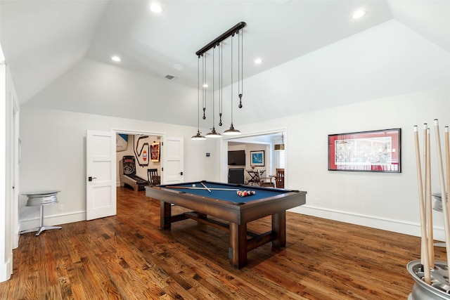6405 Carmel Falls Ct, Mckinney, TX 75072 - recreation room with visible vents, recessed lighting, billiards, dark wood-type flooring, and vaulted ceiling
