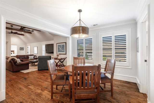 6405 Carmel Falls Ct, Mckinney, TX 75072 - dining room with a healthy amount of sunlight, ceiling fan, dark wood-style flooring, and visible vents