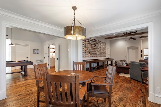6405 Carmel Falls Ct, Mckinney, TX 75072 - dining area with billiards, ornamental molding, a ceiling fan, and wood finished floors