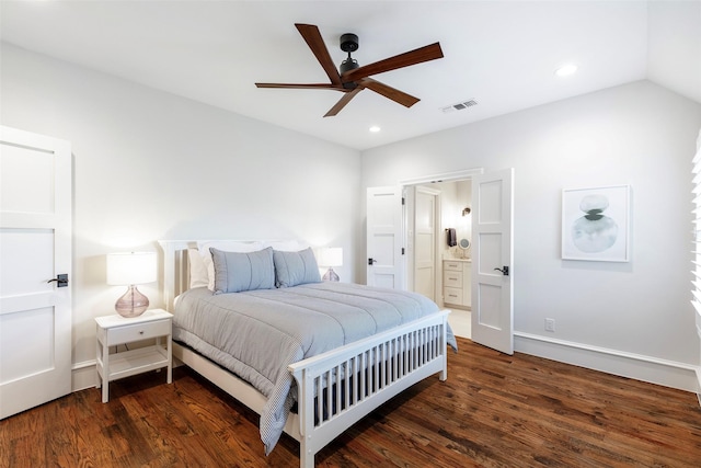 6405 Carmel Falls Ct, Mckinney, TX 75072 - bedroom featuring ceiling fan, visible vents, wood finished floors, connected bathroom, and recessed lighting