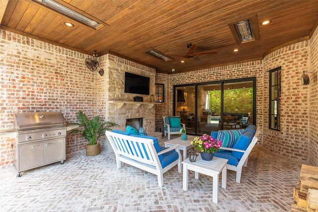 6405 Carmel Falls Ct, Mckinney, TX 75072 - view of patio / terrace featuring an outdoor living space with a fireplace, ceiling fan, and grilling area