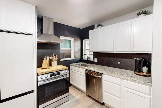 2931 Garapan Dr, Dallas, TX 75224 - kitchen with tasteful backsplash, wall chimney range hood, white cabinetry, appliances with stainless steel finishes, and a sink