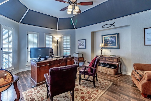 1470 Meandering Way, Rockwall, TX 75087 - office area with baseboards, ceiling fan, a wealth of natural light, and dark wood-type flooring