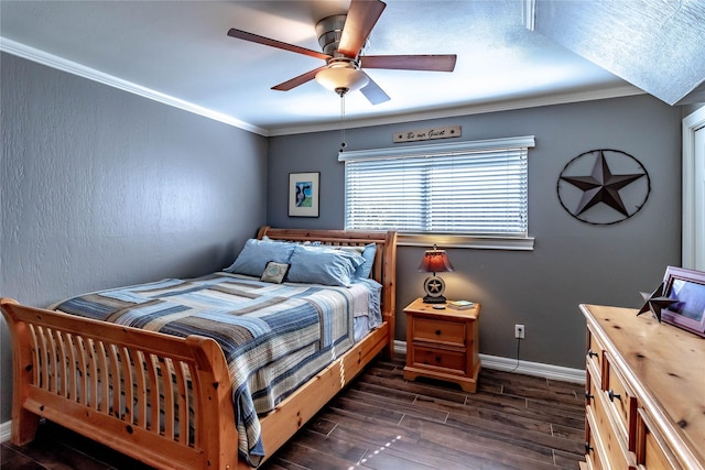 1470 Meandering Way, Rockwall, TX 75087 - bedroom with baseboards, a ceiling fan, dark wood finished floors, and crown molding