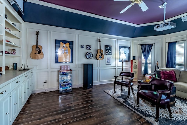 1470 Meandering Way, Rockwall, TX 75087 - interior space featuring a ceiling fan, visible vents, dark wood-style floors, and a decorative wall