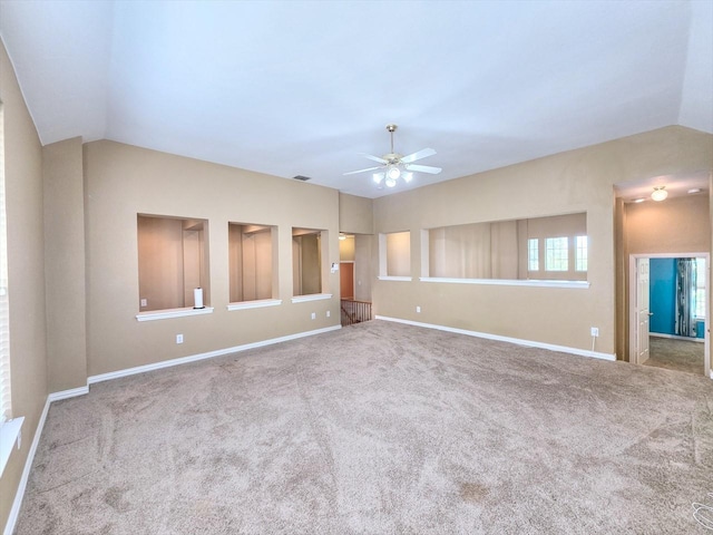 3304 Springbridge Ln, Plano, TX 75025 - empty room with a ceiling fan, lofted ceiling, carpet flooring, and baseboards