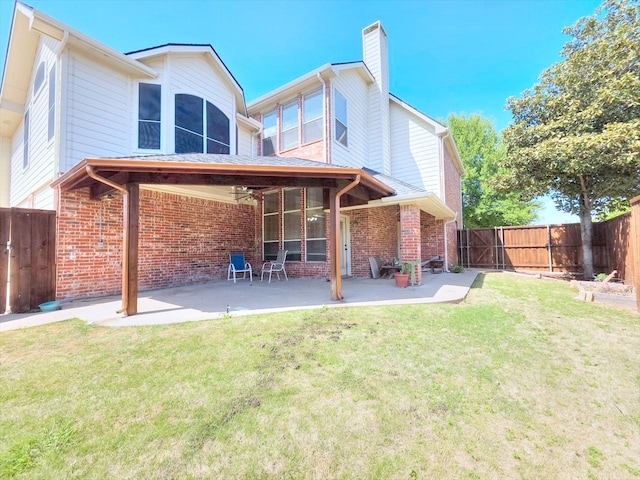 3304 Springbridge Ln, Plano, TX 75025 - rear view of house featuring brick siding, a ceiling fan, a chimney, and a patio area