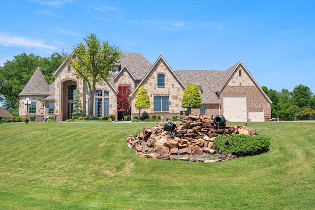 french country inspired facade featuring brick siding, stone siding, and a front lawn