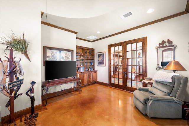 living area with baseboards, french doors, visible vents, and finished concrete floors