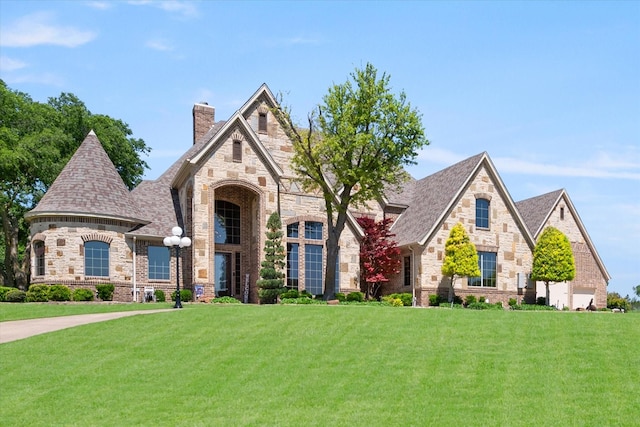 view of front of property featuring stone siding, a shingled roof, a chimney, and a front yard