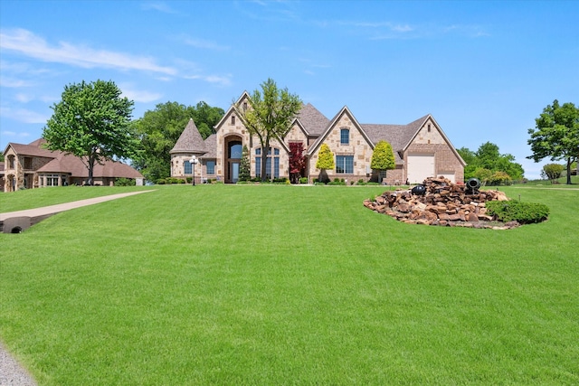 french provincial home featuring an attached garage, stone siding, and a front lawn