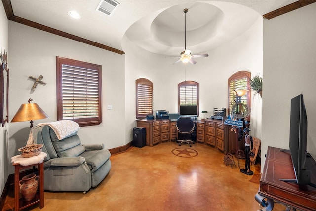 home office with concrete flooring, ceiling fan, baseboards, ornamental molding, and visible vents