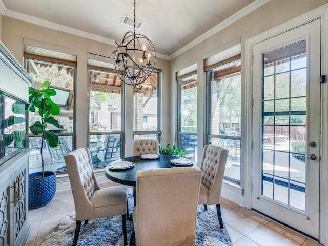 7212 Millard Pond Dr, Mckinney, TX 75071 - dining room with crown molding, visible vents, plenty of natural light, and an inviting chandelier
