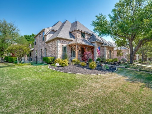 7212 Millard Pond Dr, Mckinney, TX 75071 - french country home with a front yard, stone siding, fence, brick siding, and roof with shingles