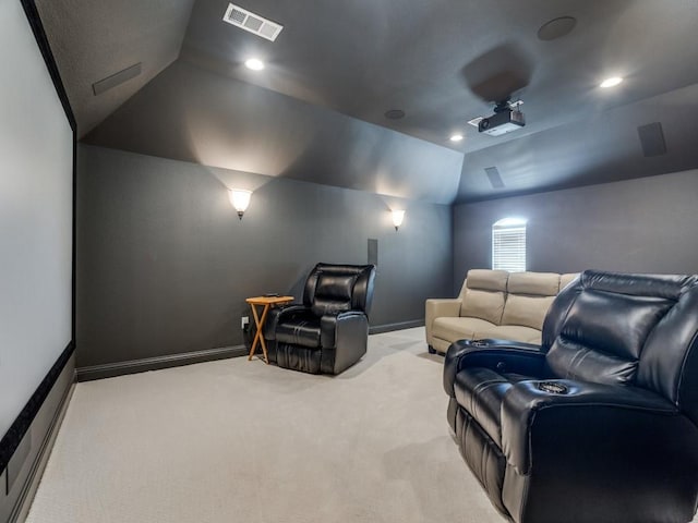 7212 Millard Pond Dr, Mckinney, TX 75071 - carpeted home theater room featuring visible vents, baseboards, recessed lighting, and lofted ceiling