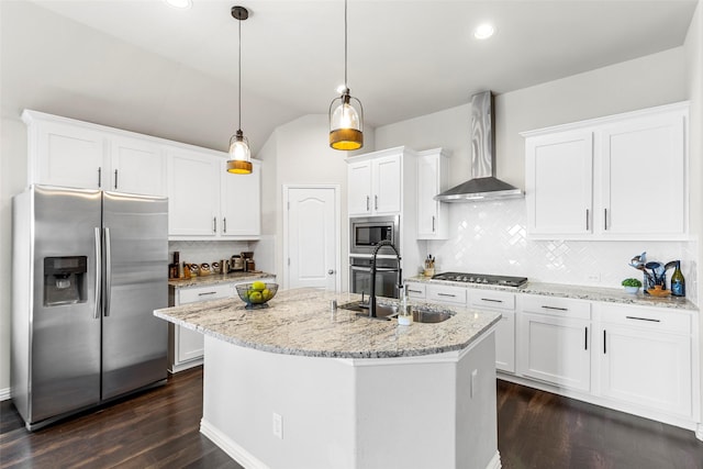 7600 W Fork Ln, Mckinney, TX 75071 - kitchen featuring decorative backsplash, a sink, dark wood-style floors, stainless steel appliances, and wall chimney exhaust hood