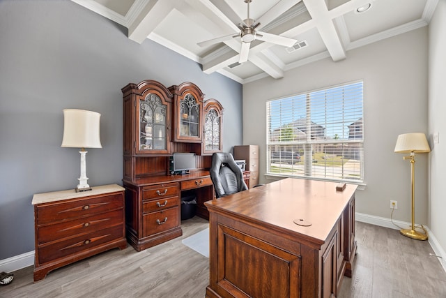 4112 Angelina Dr, Mckinney, TX 75071 - office featuring coffered ceiling, ceiling fan, light wood finished floors, beamed ceiling, and baseboards
