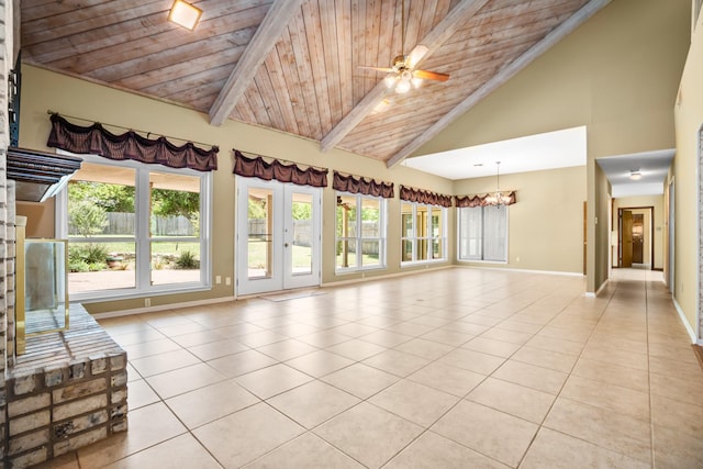 10019 Lost Oak Ridge Dr, Woodway, TX 76712 - unfurnished living room featuring light tile patterned floors, high vaulted ceiling, wood ceiling with exposed beams, baseboards, and a chandelier