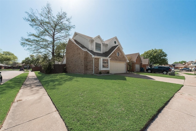 view of front of house featuring concrete driveway, a garage, a front lawn, and brick siding