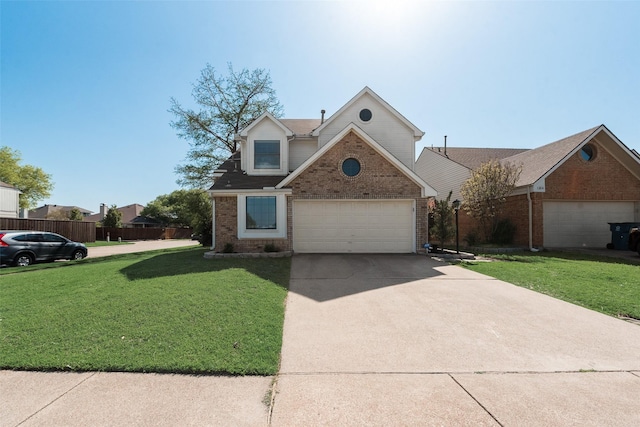view of front of house featuring fence, concrete driveway, brick siding, and a front yard
