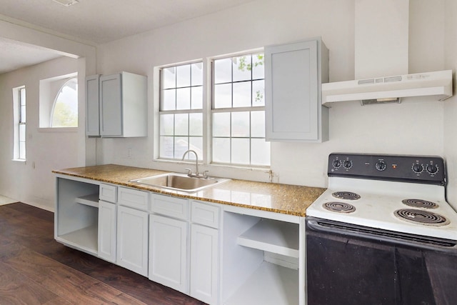 2311 Market Ave, Fort Worth, TX 76164 - kitchen featuring electric range, open shelves, dark wood-type flooring, extractor fan, and a sink