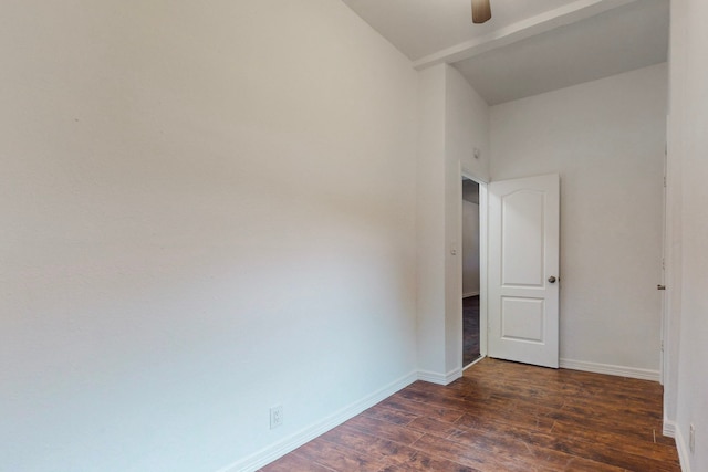 2311 Market Ave, Fort Worth, TX 76164 - unfurnished room with dark wood-style flooring, baseboards, a ceiling fan, and lofted ceiling