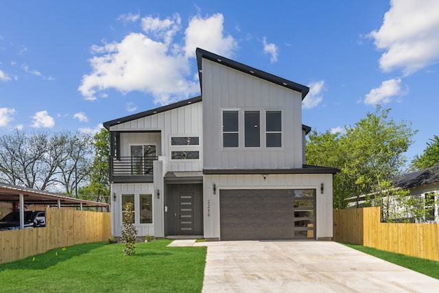 2239 Scotland Dr, Dallas, TX 75216 - modern home featuring a garage, board and batten siding, fence, a balcony, and driveway