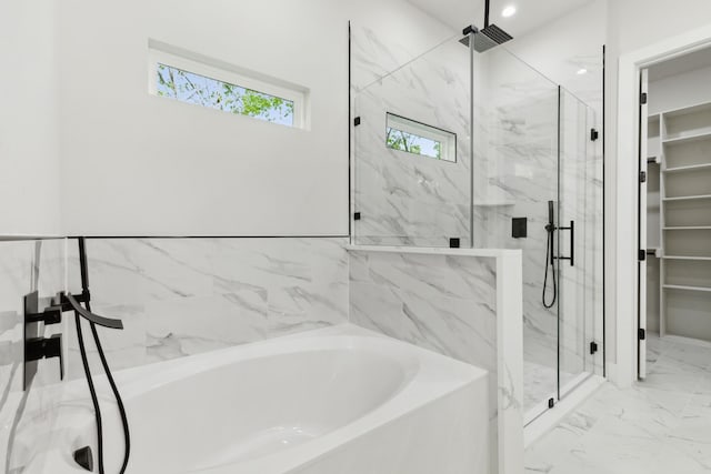 2239 Scotland Dr, Dallas, TX 75216 - full bath with a marble finish shower, a bath, a walk in closet, and marble finish floor